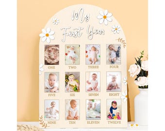 Daisy First Birthday Photo Board, Baby's First Year Photo Display 12 Months Milestone Sign, Wood Board 1st Birthday Picture Frame Decoration