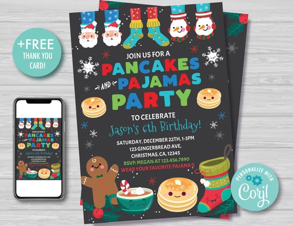 Christmas Pancakes and Pajamas Birthday Invitation Boy's Christmas Birthday Invitation Holiday Invitation Black and Red Instant Download PJ1 Il_570xn