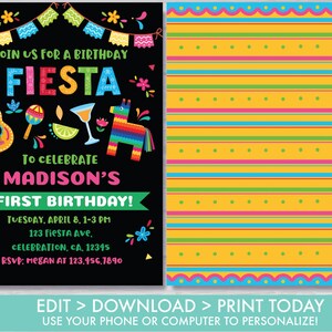 Fiesta Birthday Invitation Cactus Mexican Fiesta Invitation Let's Fiesta Birthday Invite Girl's Fiesta Birthday Editable Instant Download M2 image 2