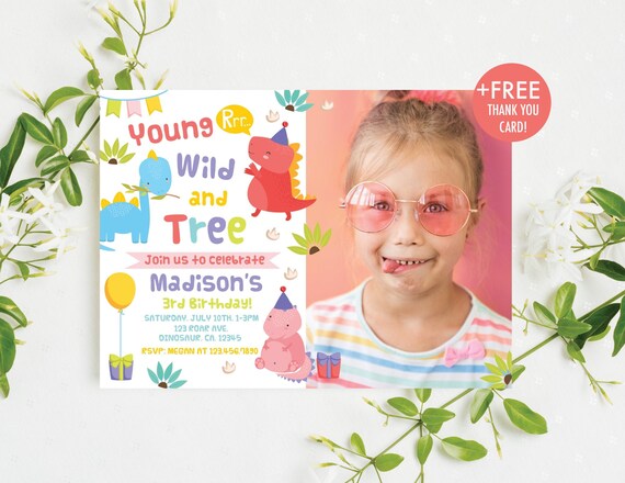 Dinosaur Birthday Invitation Girl Pink Dinosaur 3rd Birthday Invitation Young Wild and Tree Dino Party Invite Editable Instant Download D2 Il_570xn