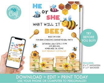 EDITABLE Bee Gender Reveal Invitation, He or She What Will It Bee Invitation, Bumble bee Invite, Instant Download Template, BE1