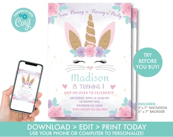 Bunny Birthday Invitation, EDITABLE Bunny 1st Birthday Invitation, Floral Bunny Birthday, Bunny Unicorn, Instant Download, UB1