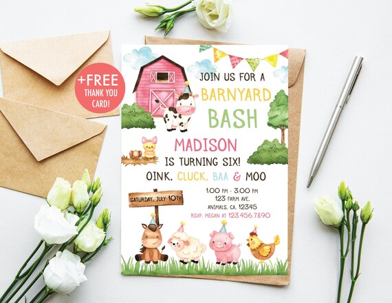 Farm Birthday Invitation Girl Farm Animals Birthday Invite Barnyard Animals Birthday Party Invitation Printable Editable Instant Download F2 Il_570xn