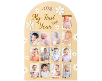Daisy First Birthday Photo Board, Daisy Flower First Year Photo Display 12 Months Milestone Sign, Wood Board 1st Birthday Decoration