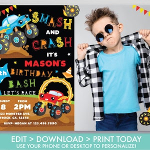 Monster Truck Birthday Invitation Smash and Crash Birthday Invitation Boy's Truck Birthday Party Invite Editable Instant Download MT1 image 2