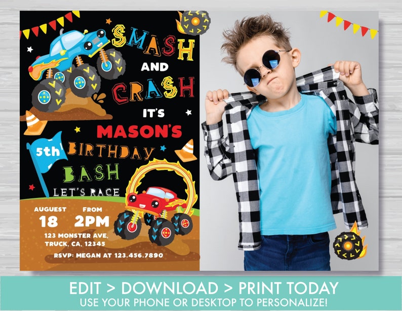 Monster Truck Birthday Invitation Smash and Crash Birthday Invitation Boy's Truck Birthday Party Invite Editable Instant Download MT1 image 2