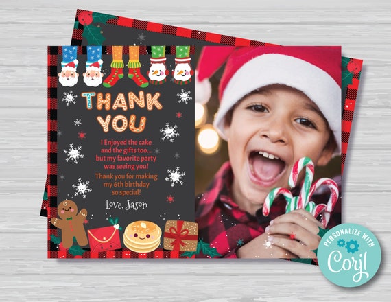 Christmas Birthday Thank You Card With Photo Boy's Christmas Pancakes and Pajamas Thank You Card Black and Red Instant Download PJ1 Il_570xn