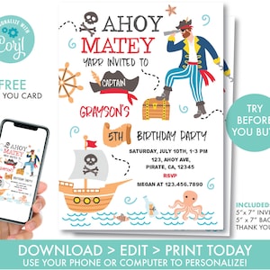 Pirate Invitation Pirate Birthday Invitation Boys, Treasure Map Invite, Ahoy Matey Pirate Ship Invite, Editable Instant Download, PR1