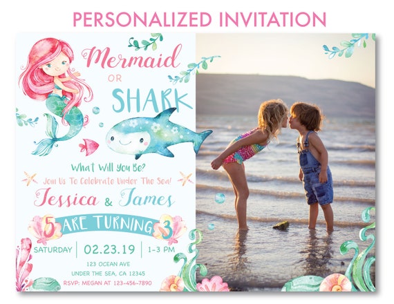 Mermaid and Shark Invitation with Photo, Mermaid or Shark Birthday Invitation, Sibling Girl Boy Birthday Invitation, Instant Download, U1 Il_570xn