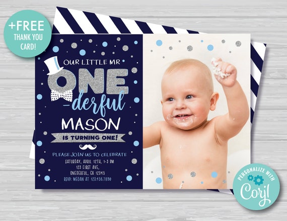 Mr Onederful Invitation with Photo Boys First Birthday Invitation Blue and Silver Glitter Bow Tie Little Man Invitation Instant Download MR1 Il_570xn