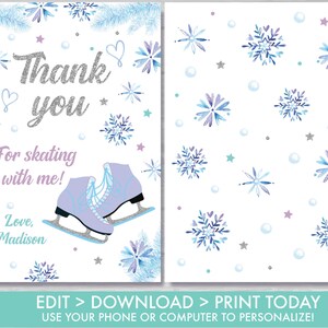 Ice Skating Thank You Card Girl Ice Skating Thank You Note Girl's Ice Skating Party Decorations Purple and Silver Instant Download IS1 image 2
