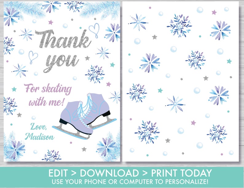 Ice Skating Thank You Card Girl Ice Skating Thank You Note Girl's Ice Skating Party Decorations Purple and Silver Instant Download IS1 image 2