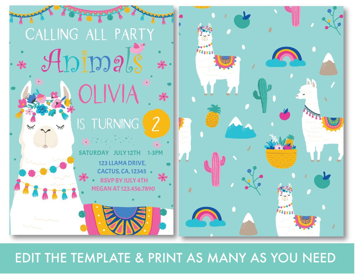 Llama Birthday Invitation Printable Calling All Party Animals - Etsy