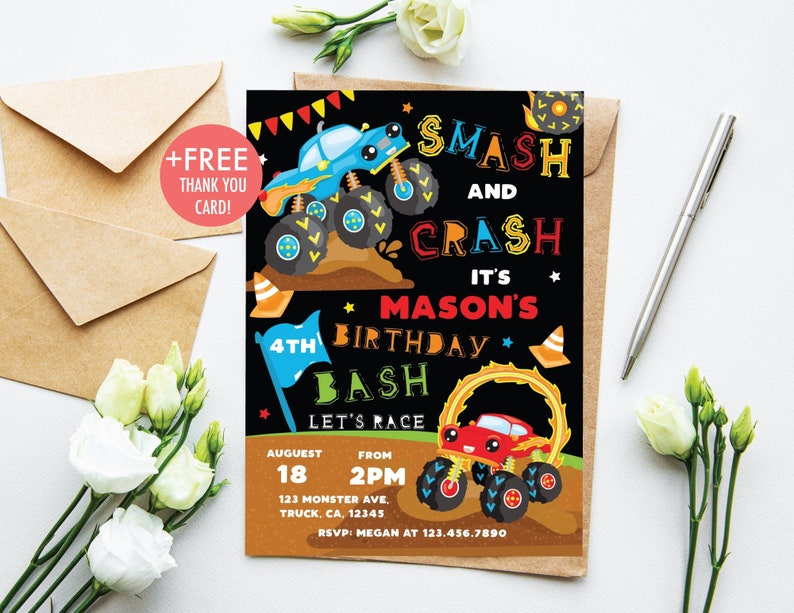 Monster Truck Birthday Invitation Smash and Crash Birthday Invitation Boy's Truck Birthday Party Invite Editable Instant Download MT1 image 1