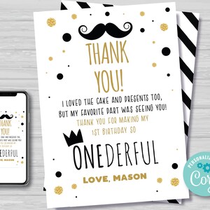 Mr Onederful Dankeskarte Schwarz und Gold Jungen 1. Geburtstag Fliege Kleiner Mann Erster Geburtstag Dankeskarte Bearbeiten Sofort Download MR1
