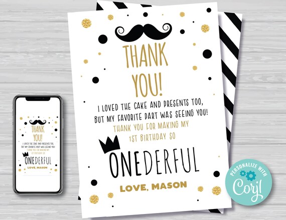 Mr Onederful Thank You Card Black and Gold Boy's 1st Birthday Bow Tie Little Man First Birthday Thank You Card Editable Instant Download MR1 Il_570xn