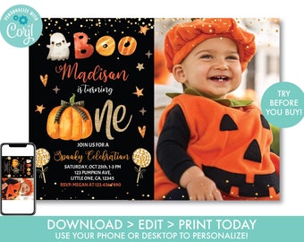 Pumpkin First Birthday Invitation With Photo Girl's Halloween 1st Birthday Invitation Pumpkin 1st Birthday Fall Autumn Instant Download, H1