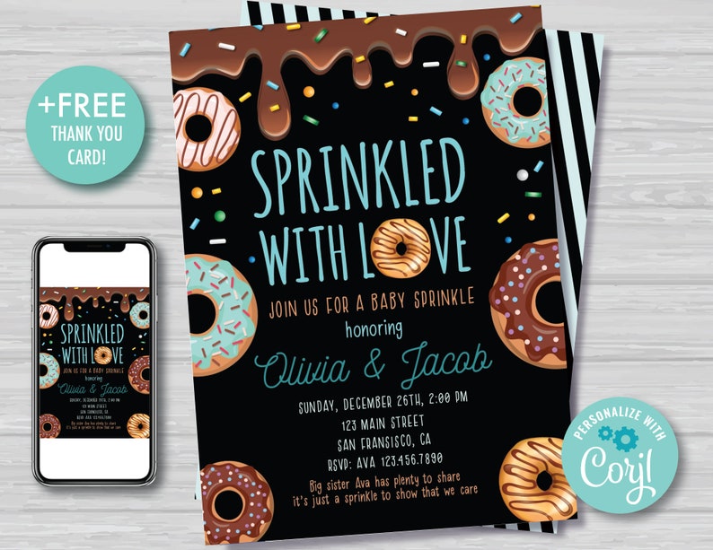 Donut Baby Shower Invitation Boy's Sprinkled with Love Invitation Donut Baby Sprinkle Invitation Blue Boy Baby Shower Instant Download DG1 image 1