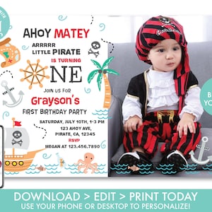 Invitación de primer cumpleaños pirata con foto chicos, fiesta de cumpleaños pirata, invitación de barco pirata, Ahoy Matey, descarga instantánea editable, PR1