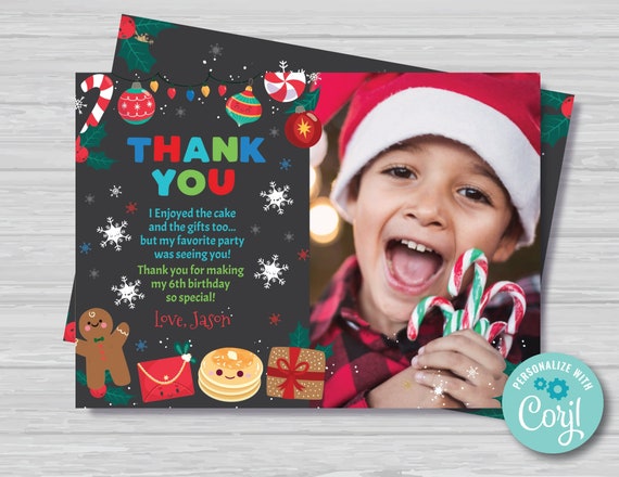 Christmas Birthday Thank You Card With Photo Boy's Christmas Pancakes and Pajamas Thank You Card Black and Red Instant Download PJ1 Il_570xn