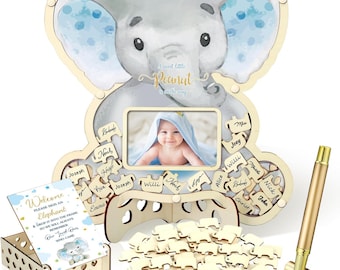 Blue Elephant Baby Shower Guest Book Alternatives Set, Boy's Baby Shower Decorations with Photo Frame, Wood Slices Guest Book
