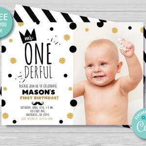 Mr Onederful Einladung mit Foto Schwarz und Gold Glitzer Fliege Kleiner Mann Einladung Jungen Erster Geburtstag Einladung Sofort Download MR1