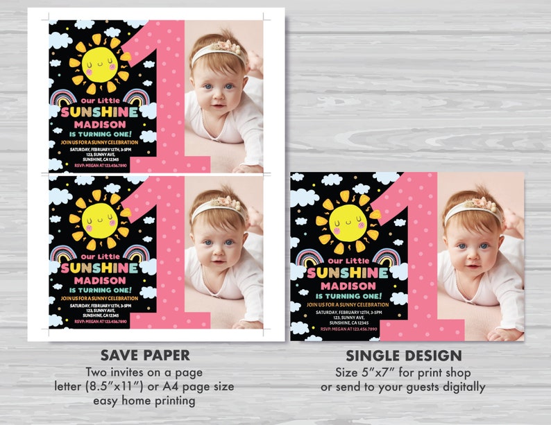 Editable Sunshine Birthday Invitation with Photo Girl's Summer First Birthday Our Little Sunshine Birthday Invitation Instant Download LS1 image 5