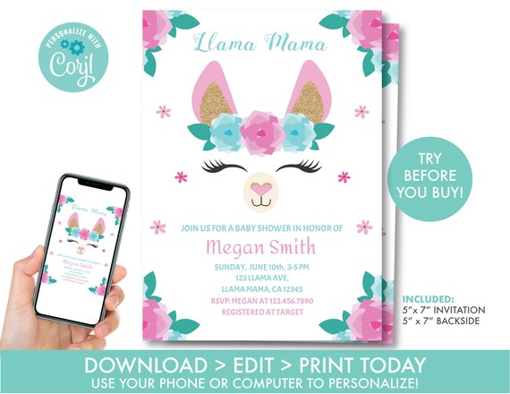 Download Editable Llama Baby Shower Invitation Llama Mama Invitation Floral Llama Invite Alpaca Fiesta Baby Shower Instant Download Template L1 By Happycolorprints Catch My Party