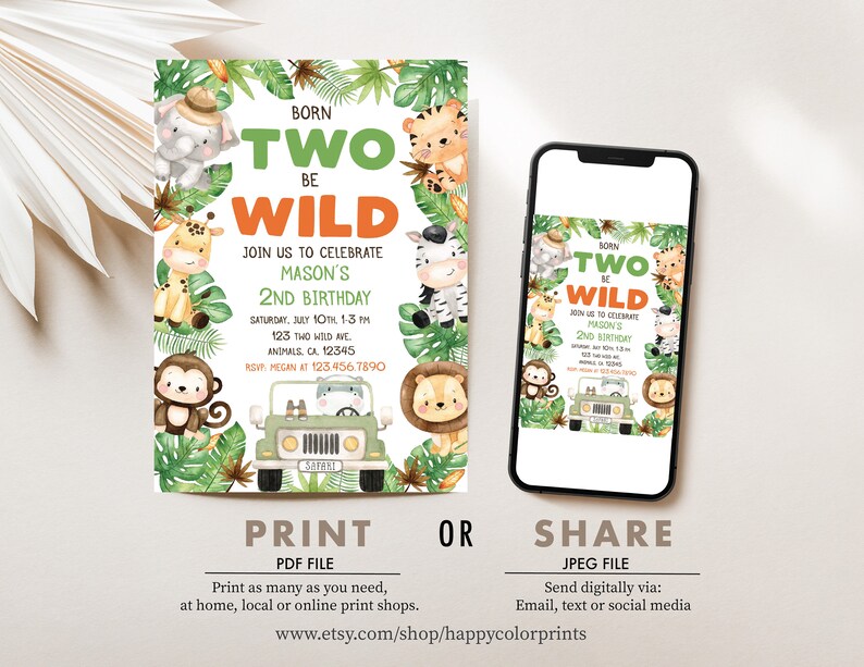 Two Wild Birthday Invitation Safari Animals Birthday Invite Jungle Animals Birthday Invitation 2nd Birthday Editable Instant Download WO1 image 3