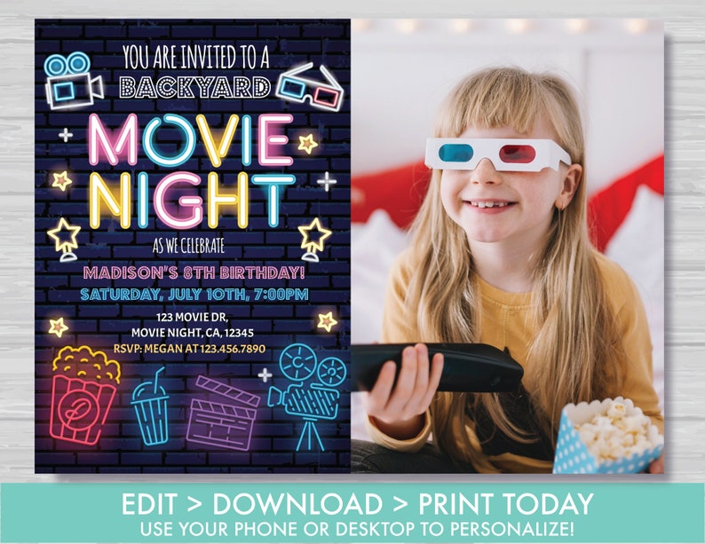 Movie Night Birthday Invitation Backyard Movie Night Party Invitation Slumber Party Movie Under The Stars Editable Instant Download MN1 image 2