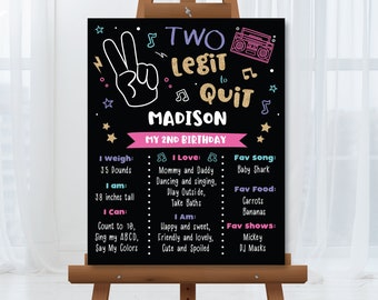 Two Legit To Quit Milestone Sign Girl's Two Legit To Quit 2nd Birthday Chalkboard Sign Hip Hop Birthday Stats Poster Instant Download TQ1