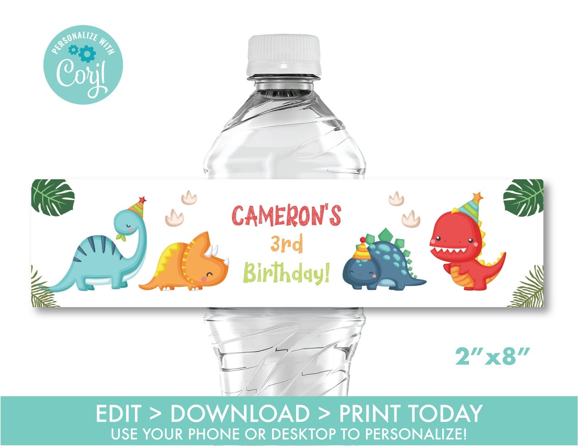 Dinosaur Water Bottle Label Printable Boy's Threerex Etsy