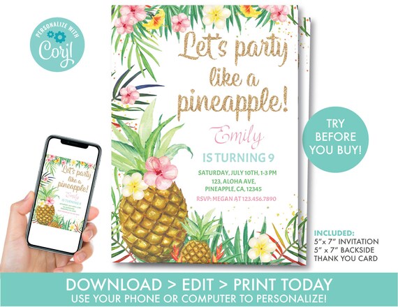 Pineapple Birthday Invitation, Let's Party Like a Pineapple Invitation, Tropical Invitation, Editable Instant Download, T1 Il_570xn