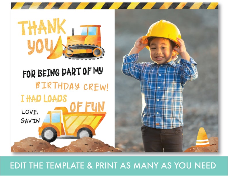 EDITABLE Construction Dump Truck Thank You Card Boy's Truck Birthday Construction Party Decorations Printable Instant Download, DT1 image 2