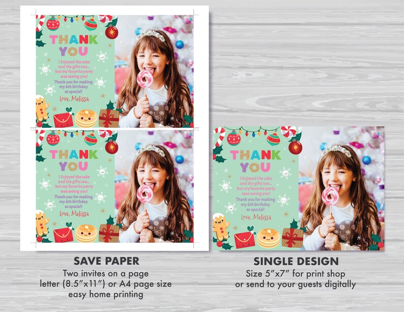 Christmas Birthday Thank You Card With Photo Christmas Pancakes and Pajamas Thank You Card Green and Red Thank You Card Instant Download PJ1