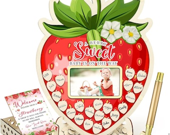 Strawberry Baby Shower Guest Book Alternatives Set, Baby Shower Decorations with Photo Frame, Wood Slices Guest Book Sonogram Frame Keepsake