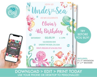 Under the Sea Birthday Invitation Printable, Under the Sea Birthday, Under the Sea Party Decorations, Instant Download, U1