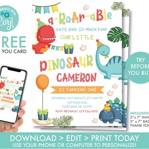 EDITIERBARE Dinosaurier Erster Geburtstag Einladung Jungen Dinosaurier Gebrüll Einladung Dinosaurier Party Dekorationen Sofort Download, D1