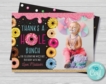 Donut Thank You Card with Photo Girl's Donut Birthday Thank You Tags Donut Party Doughnut Thank You Card Editable Instant Download DG1