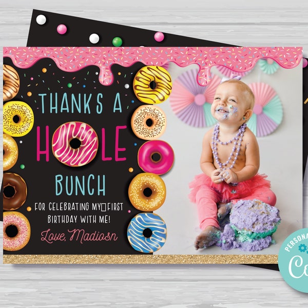 Donut Thank You Card with Photo Girl's Donut Birthday Thank You Tags Donut Party Doughnut Thank You Card Editable Instant Download DG1