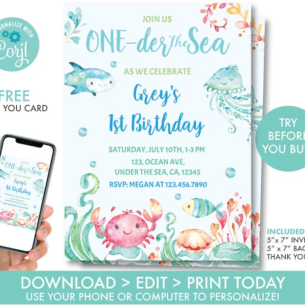 Under the Sea First Birthday Invitation, Boys ONE-der the Sea Invitation, Under the Sea Party Decorations, Instant Download, U1