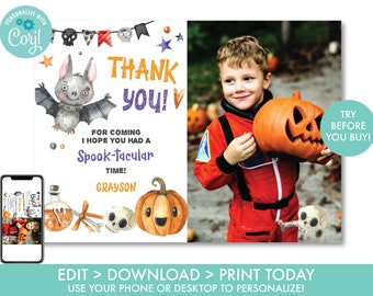 Carte de remerciement d'Halloween avec photo Fête d'Halloween Carte de remerciement Citrouille Carte de remerciement Halloween Costume Party Téléchargement instantané, H1