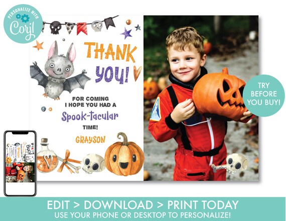 Halloween Thank You Card With Photo Halloween Party Thank You Card Pumpkin Thank You card Halloween Costume Party Instant Download, H1 Il_570xn