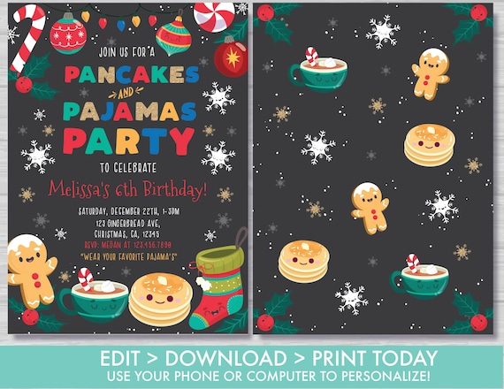 Christmas Pancakes and Pajamas Birthday Invitation Holiday Brunch Birthday Invite Black and Red Christmas Editable Instant Download PJ1