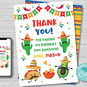 Taco TWOsday Bedankkaart Boy's 2e verjaardag Mexicaanse TWOsday Verjaardag Bedankt Opmerking Cinco de Mayo Verjaardag Fiesta Instant Download TT1