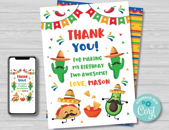 Taco TWOsday Thank You Card Boy's 2nd Birthday Mexican TWOsday Birthday Thank You Note Cinco de Mayo Birthday Fiesta Instant Download TT1 Il_570xn