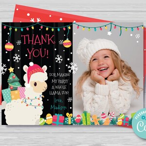 Llama Christmas Thank You Card With Photo Holiday Llama Party Decoration Llama Christmas Birthday Thank You Card Instant Download CL1 image 1