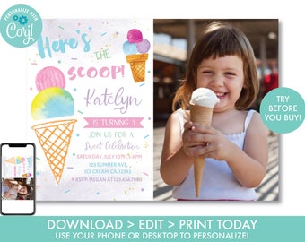 EDITABLE Ice Cream Birthday Invitation with Photo, Here's the Scoop Cone Ice Cream Invitation, Ice cream party, Instant Download, IC1