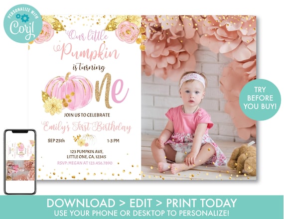 Pumpkin First Birthday Invitation With Photo, Fall Autumn 1st Birthday Invites, Pink and Gold, Printable Instant Download P1 Il_570xn