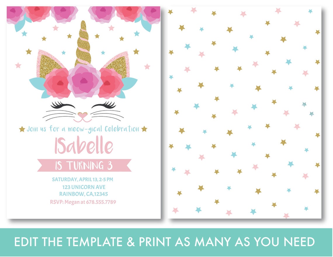 Caticorn Birthday Invitation EDITABLE Kitty Birthday | Etsy
